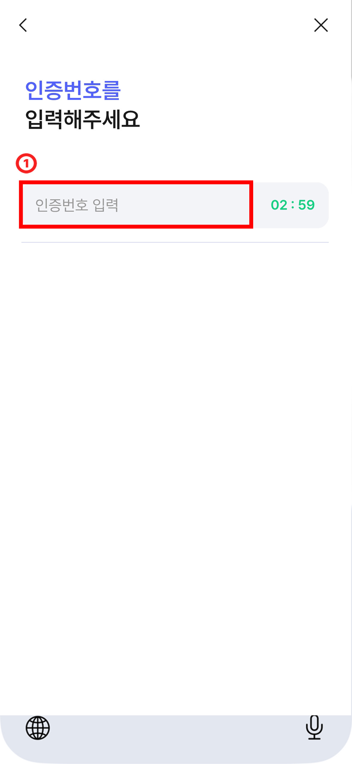 인증번호를 입력해주세요 라는 문구 아래에 인증번호 입력하는 칸이 있는 화면